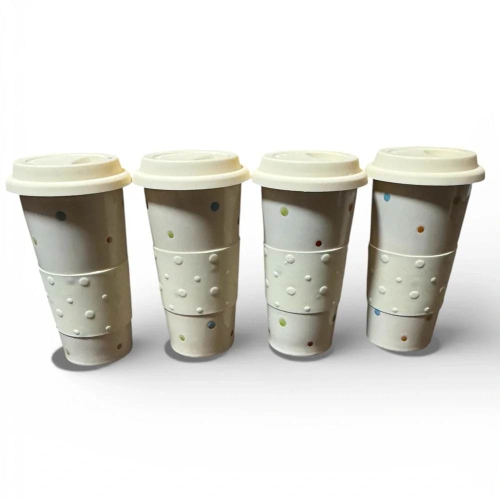 Temp-Tations Cream Polka Dot 12oz Mug Bundle 4 Cups With Lids